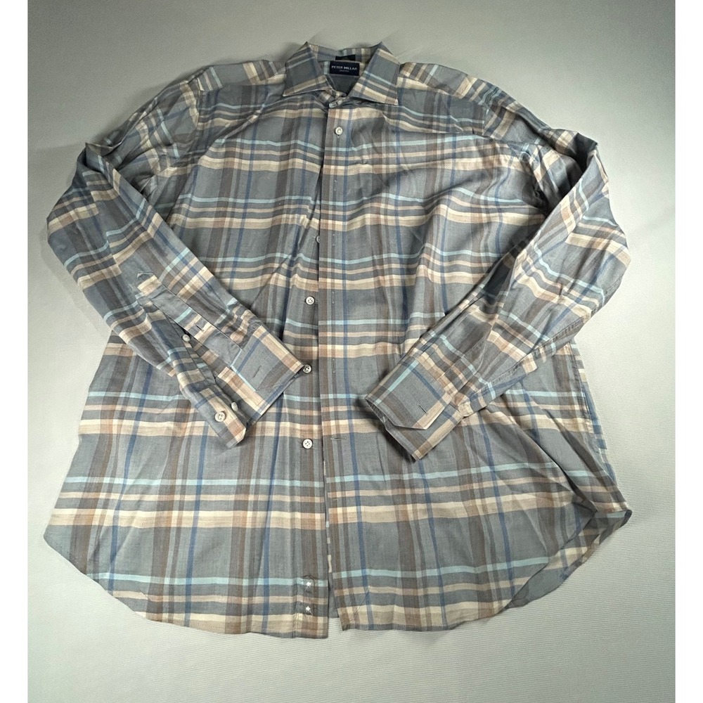 Peter Millar Collection Mens Large Blue Grey Plaid Cotton Button Down Shirt
